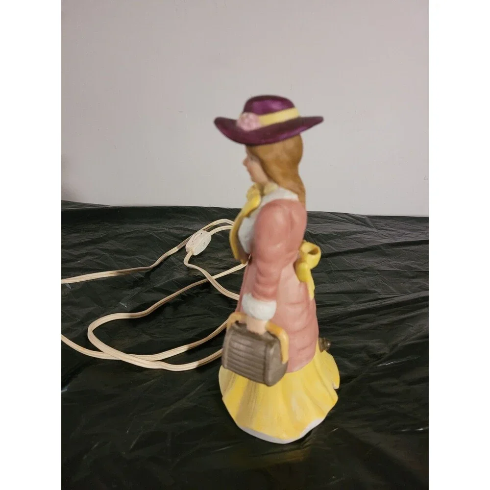Vtg I.W. Rice Portable Ceramic Night Light Lady Pink & Yellow Dress & Umbrella
